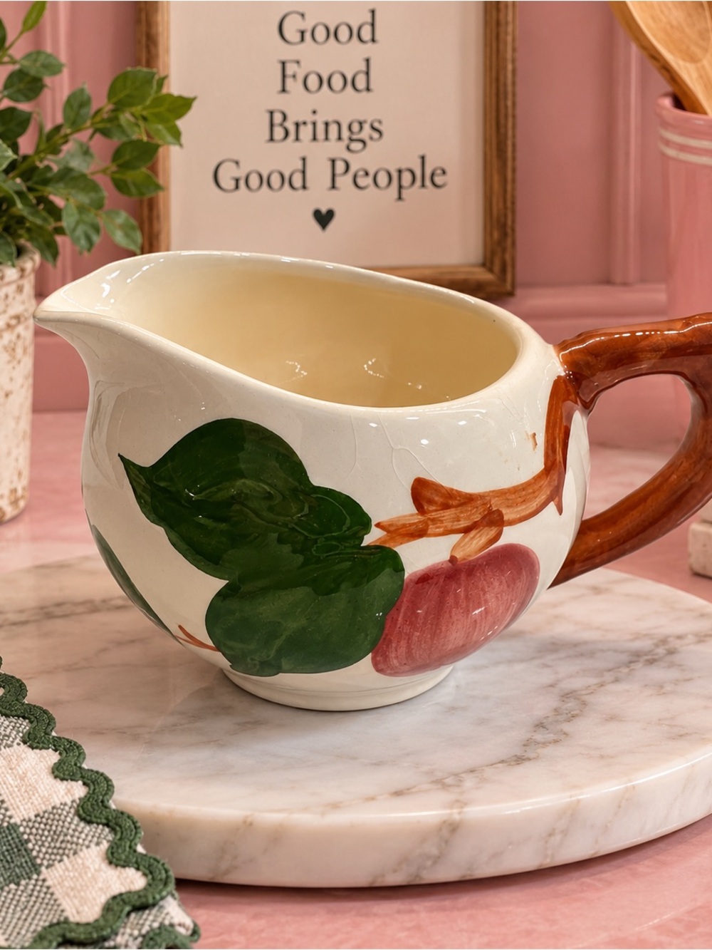 Franciscan Hand-Painted Ceramic Pitcher in White, Green, Red
